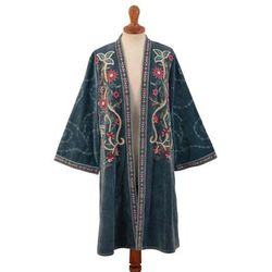 Kashmiri Garden,'Embroidered Long Blue Cotton Velvet Open Front Jacket'