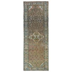 Shahbanu Rugs Mocha Brown Vintage Persian Hamadan Abrash Distressed Hand Knotted Pure Wool Wide Runner Rug (3'3" x 9'2")