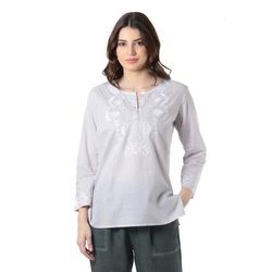 Summer Elegance,'3/4 Sleeve Grey Cotton Tunic with White Machine Embroidery'