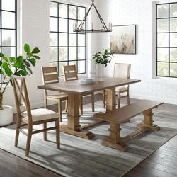 Joanna 6Pc Dining Set Rustic Brown - Table, Bench, 2 Ladder Back Chairs, & 2 Upholstered Chairs - Crosley KF20022RB