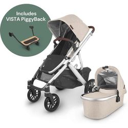 UPPAbaby Vista V2 Single-to-Double Stroller + PiggyBack Ride-Along Bundle - Declan (Oat Melange/Silv