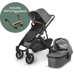 UPPAbaby Vista V2 Single-to-Double Stroller + PiggyBack Ride-Along Bundle - Greyson (Charcoal Melang