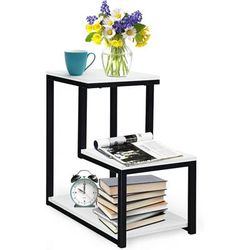 Table d'Appoint a 2 Niveaux, Table de Chevet en Escalier avec Cadre en Metal, Bout de Canape au