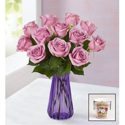 1-800-Flowers Flower Delivery Passion For Purple Roses 12 Stems W/ Purple Vase & Candle