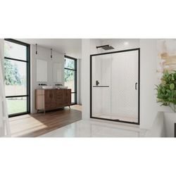 Dreamline DreamLine Infinity-Z 32 inch D x 54 inch W x 74 3/4 inch H Semi-Frameless Sliding Clear Shower Door in Matte Black with Center Drain Biscuit Shower Base Kit DL-6974C-22-09