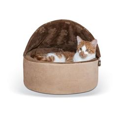 Self-Warming Hooded Kitty Cat Bed by K&H Pet Products in Chocolate Tan (Size LARGE)