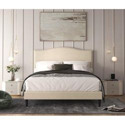 Melody Queen Chrome Nail head Upholstered Platform Bed in Beige - CasePiece USA C80087-521