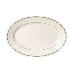 Homer Laughlin HL1561 12 1/2" x 8 3/4" Oval Green Band Platter - China, Ivory, White