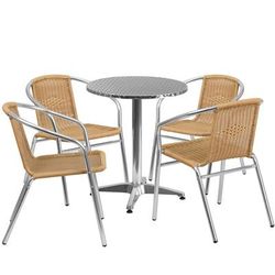 Flash Furniture TLH-ALUM-24RD-020BGECHR4-GG 23 1/2" Round Patio Table & 4 Beige Rattan Arm Chair Set - Stainless Steel Top, Aluminum Base