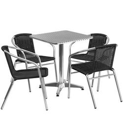Flash Furniture TLH-ALUM-24SQ-020BKCHR4-GG 23 1/2" Square Patio Table & 4 Black Rattan Arm Chair Set - Stainless Top, Aluminum Base