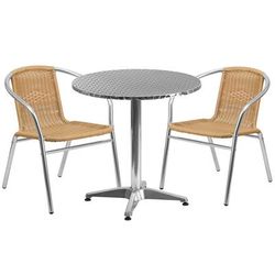 Flash Furniture TLH-ALUM-28RD-020BGECHR2-GG 27 1/2" Round Patio Table & 2 Beige Rattan Arm Chair Set - Stainless Steel Top, Aluminum Base