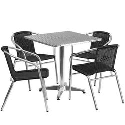 Flash Furniture TLH-ALUM-28SQ-020BKCHR4-GG 27 1/2" Square Patio Table & 4 Black Rattan Arm Chair Set - Stainless Top, Aluminum Base