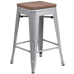 Flash Furniture CH-31320-24-SIL-WD-GG Counter Height Backless Commercial Bar Stool w/ Wood Seat, Silver