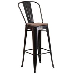 Flash Furniture CH-31320-30GB-BQ-WD-GG Commercial Bar Stool w/ Curved Back & Wood Seat, Black Antique Gold