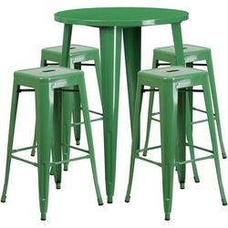 Flash Furniture CH-51090BH-4-30SQST-GN-GG 30" Square Bar Height Table w/ (4) Bar Stool Set - Green Steel Top, Steel Base
