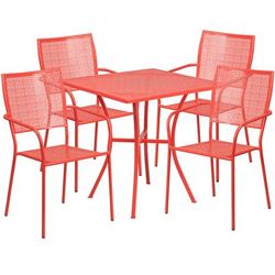 Flash Furniture CO-28SQ-02CHR4-RED-GG 28" Square Patio Table & 4 Square Back Arm Chair Set - Steel, Coral