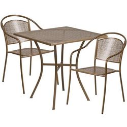 Flash Furniture CO-28SQ-03CHR2-GD-GG 28" Square Patio Table & 2 Round Back Arm Chair Set - Steel, Gold