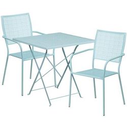 Flash Furniture CO-28SQF-02CHR2-SKY-GG 28" Square Folding Patio Table & 2 Square Back Arm Chair Set - Steel, Sky Blue