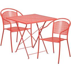Flash Furniture CO-28SQF-03CHR2-RED-GG 28" Square Folding Patio Table & 2 Round Back Arm Chair Set - Steel, Coral