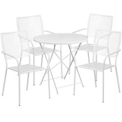 Flash Furniture CO-30RDF-02CHR4-WH-GG 30" Round Folding Patio Table & 4 Square Back Arm Chair Set - Steel, White