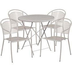 Flash Furniture CO-30RDF-03CHR4-SIL-GG 30" Round Folding Patio Table & 4 Round Back Arm Chair Set - Steel, Light Gray