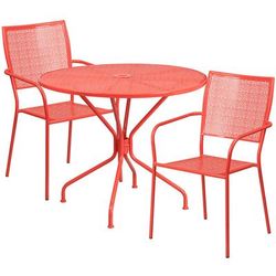Flash Furniture CO-35RD-02CHR2-RED-GG 35 1/4" Round Patio Table & 2 Square Back Arm Chair Set - Steel, Coral