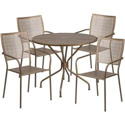 Flash Furniture CO-35RD-02CHR4-GD-GG 35 1/4" Round Patio Table & (4) Square Back Arm Chair Set - Steel, Gold