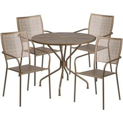Flash Furniture CO-35RD-02CHR4-GD-GG 35 1/4" Round Patio Table & 4 Square Back Arm Chair Set - Steel, Gold