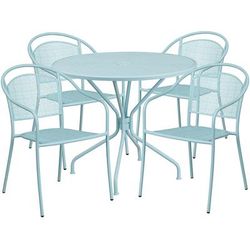 Flash Furniture CO-35RD-03CHR4-SKY-GG 35 1/4" Round Patio Table & 4 Round Back Arm Chair Set - Steel, Sky Blue