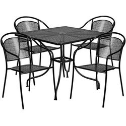 Flash Furniture CO-35SQ-03CHR4-BK-GG 35 1/4" Square Patio Table & 4 Round Back Arm Chair Set - Steel, Black, Black Powder Steel, Stackable