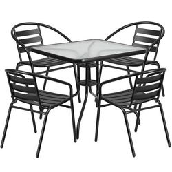 Flash Furniture TLH-0732SQ-017CBK4-GG 31 1/2" Square Patio Table & 4 Arm Chair Set - Glass Top, Black Metal Base