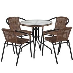 Flash Furniture TLH-087RD-037BN4-GG 28" Round Patio Table & 4 Brown Rattan Arm Chair Set - Glass Top, Black Metal Base