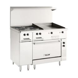 Vulcan EV48S-4FP24G208 48" EV Series Commercial Electric Range w/ 4 French Hot Plates & Griddle, 208v/1ph/3ph, Stainless Steel
