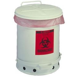 Justrite 05910 6 gal Biohazard Waste Can - Steel, White, Foot Lever, Self-closing Lid