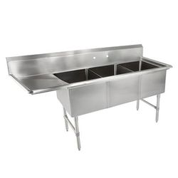 John Boos 3B18244-1D18L 76" 3 Compartment Sink w/ 18"L x 24"W Bowl, 14" Deep, (1) 18" Left Drainboard, 10" Backsplash, Stainless Steel