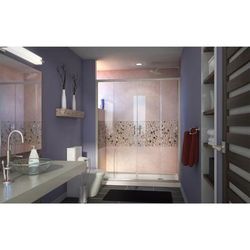 Dreamline DreamLine Visions 32 inch D x 60 inch W x 74 3/4 inch H Semi-Frameless Sliding Shower Door in Brushed Nickel with Right Drain Biscuit Shower Base Kit DL-6961R-22-04