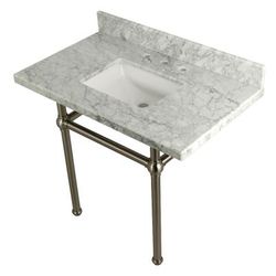 "Kingston Brass KVPB3630MBSQ8 Templeton 36" x 22" Carrara Marble Vanity Top with Brass Console Legs, Carrara Marble/Brushed Nickel - Kingston Brass KVPB3630MBSQ8"