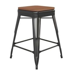 Flash Furniture CH-31320-24-BK-PL2T-GG Counter Height Backless Stool w/ Wood Seat - Steel, Black