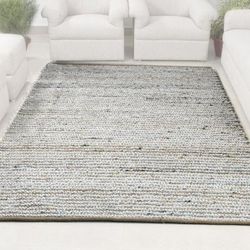 Hand Woven Ivory & Blue Wool Jute Striped Loop Rug by Tufty Home