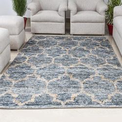 Hand Woven Blue & Brown Geometric Trellis Wool Jute Rug by Tufty Home