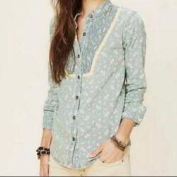 Free People Tops | Free People Cotton Bottom Down Denim Size M | Color: Blue/Cream | Size: M