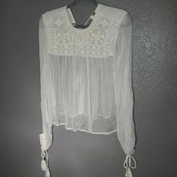 Free People Tops | Free People Blouse Sz Sm Sheer Embroidered Beaded Long Sleeve Cream | Color: Cream | Size: S