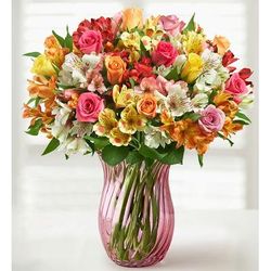 1-800-Flowers Flower Delivery Assorted Roses & Peruvian Lilies Double Bouquet W/ Pink Vase