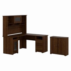 Bush Furniture Cabot 60W L Shaped Computer Desk with Hutch and Small Storage Cabinet in Modern Walnut - Bush Furniture CAB016MW