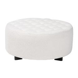 Athena Modern And Contemporary Ivory Boucle Upholstered And Black Finished Wood Round Ottoman by Baxton Studio in Ivory