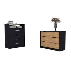 Mullen 2 Piece Bedroom Set, Drawer Dresser + Drawer Dresser, Black / Pine - FM Furniture CBED9