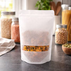 White Rice Paper Pouch Bag w/ Low Window & Room to Stick Your Logo - 8 - 12 oz. Size: 6 3/4" x 3 1/2" x 11 1/4" 100 Bags Pouches
