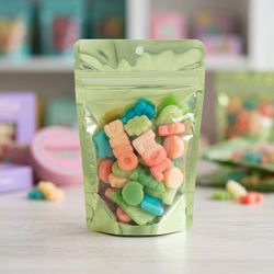 Small Food Safe Resealable Gusset Pouch Bags - Clear Front Lime Green Back - Holds 2 oz. Size: 4" x 2 3/8" x 6" 100 Bags Pouches