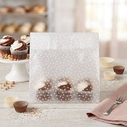Frosted w/ Polka Dots Cupcake Bag Set for 6 Minis w/ Paper Bottom 7" x 4" x 9" 100 pack