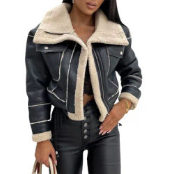 Women Faux Leather Biker Jacket with Faux Fur Trimmed Collar Vintage Moto Coat Warm Winter Outerwear